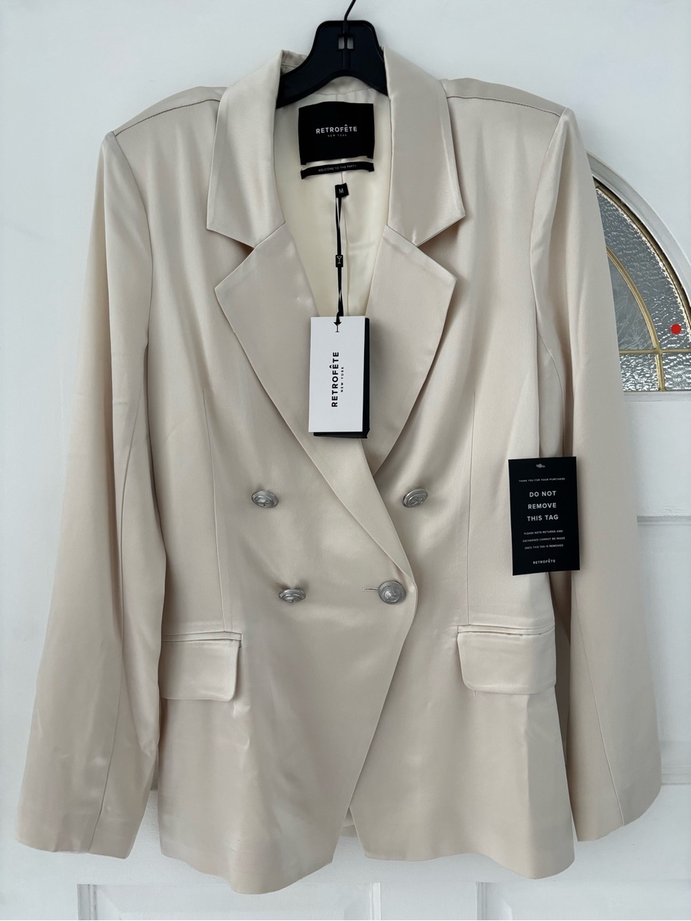 Retrofete Cream Satin Double-Breasted Blazer